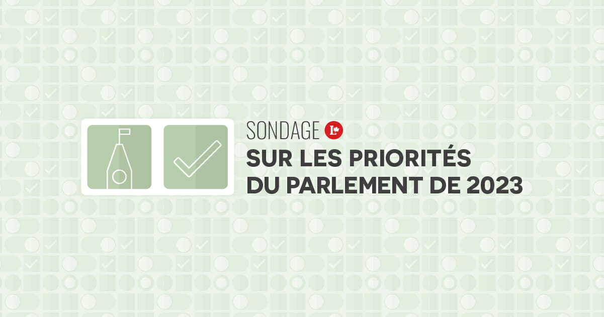 2023 Priorities for Parliament Survey, a check mark and Parliament icon to the left on a light sage green background
